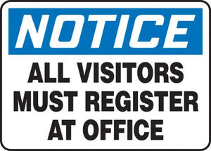 Accuform MADM893VP Plastic Safety Sign,"Notice All Visitors Must Register at Office", 10" Length x 14" Width x 0.055" Thickness, Blue/Black on White