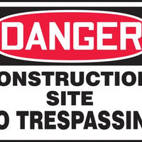 Safety Sign, DANGER CONSTRUCTION SITE NO TRESPASSING, 10" x 14", Plastic