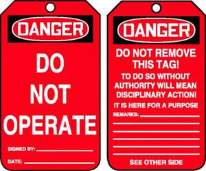 Safety Tag, DANGER DO NOT OPERATE, 5.75" x 3.25", PolyTag, 25/PK