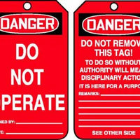 Safety Tag, DANGER DO NOT OPERATE, 5.75" x 3.25", RP-Plastic, 25/PK