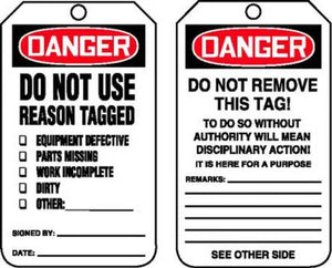 Safety Tag, DANGER DO NOT USE REASON TAGGED, 5.75" x 3.25", PolyTag, 25/PK