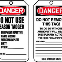 Safety Tag, DANGER DO NOT USE REASON TAGGED, 5.75" x 3.25", RP-Plastic, 25/PK