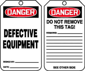 Accuform MDT229PTP RP-Plastic Safety Tag, Legend"Danger DEFECTIVE Equipment", 5.75" Length x 3.25" Width x 0.015" Thickness, Red/Black on White (Pack of 25)