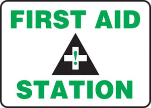 Accuform MFSD960VP Plastic Safety Sign,"First AID Station" with Graphic, 10" Length x 14" Width x 0.055" Thickness, Green/Black on White