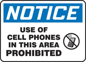 Accuform MRFQ804VA Aluminum Sign, Legend"Notice USE of Cell Phones in This Area Prohibited", 10" Length x 14" Width, Blue/Black on White
