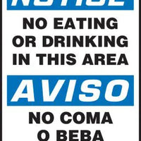 Safety Sign, NOTICE NO EATING OR DRINKING IN THIS AREA, (English, Spanish), 14" x 10", Plastic