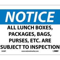 NOTICE, ALL LUNCH BOXES PACKAGES BAGS PURSES. . ., 7X10, PS VINYL