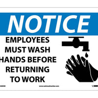 NOTICE, EMPLOYEES MUST WASH HANDS BEFORE RETURNING TO WORK, GRAPHIC, 10X14, .040 ALUM