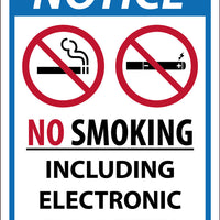 NOTICE NO SMOKING INCLUDING ELECTRONIC CIGARETTES,14X10, .050 RIGID PLASTIC