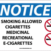 NOTICE, NO SMOKING ALLOWED, CIGARETTES, MEDICINAL,RECREATIONAL,E-CIGS  SIGN, 10X14, ALUMINUM .040