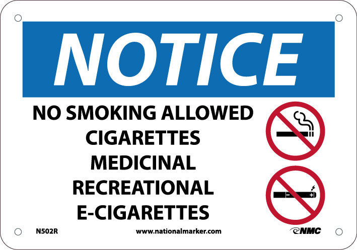 NOTICE, NO SMOKING ALLOWED, CIGARETTES, MEDICINAL,RECREATIONAL,E-CIGS  SIGN, 7X10,  RIDIG PLASTIC