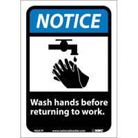 NOTICE, WASH HANDS BEFORE RETURNING TO WORK (W/GRAPHIC), 10X7, PS VINYL