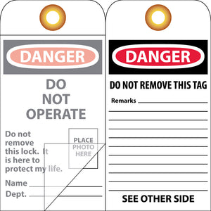 TAGS, DANGER DO NOT OPERATE, 6X3, SELF LAMINATION FRONT, 10/PK W/GROMMET AND BARLOCKS