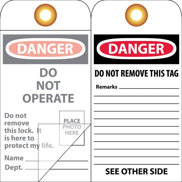 TAGS, DANGER DO NOT OPERATE, 6X3, SELF LAMINATION FRONT, 10/PK W/GROMMET AND BARLOCKS