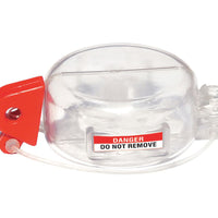 Push Button Lockout is made from durable plastic (polyurethane) and measures 2.25"H x 4"L x 4"W. The lockout accommodates 1 padlock with a maximum shackle diameter of 1/4". Includes a label with the legend, "DANGER Do Not Remove."
