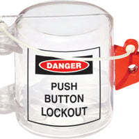 Oversize Push Button Lockout is made from durable plastic (acrylic) and measures 3.5"H x 5"L x 3.2"W, with a 1 4/5" diameter hole in the center. The lockout accommodates 1 padlock with a maximum shackle diameter of 1/4".
