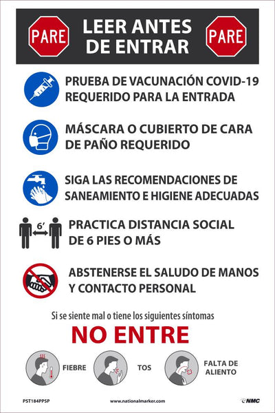 STOP, READ BEFORE ENTERING, COVID-19 POSTER, SPANISH, 18 X 24, POSTER PAPER, PACK OF 5