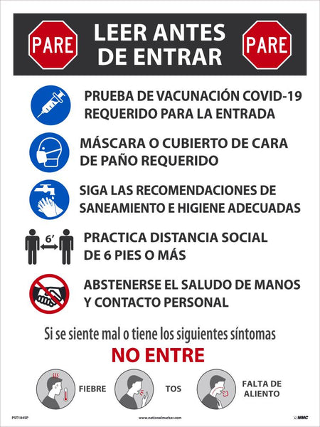 STOP, READ BEFORE ENTERING, COVID-19 POSTER, SPANISH, 24 X 18, HEAVY DUTY POSTER PAPER