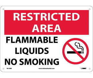 RESTRICTED AREA, FLAMMABLE LIQUIDS NO SMOKING, GRAPHIC, 10X14, RIGID PLASTIC