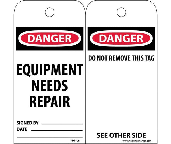 TAGS, EQUIPMENT NEEDS REPAIR, 6X3, UNRIP VINYL, 25/PK W/ GROMMET