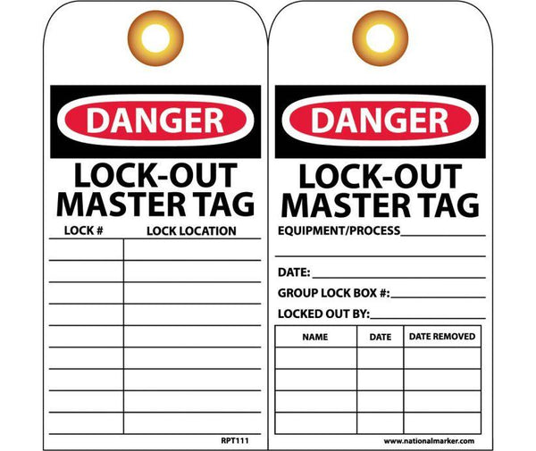 TAGS, DANGER LOCKOUT MASTER TAG, 6X3, UNRIP VINYL, 25/PK W/ GROMMET
