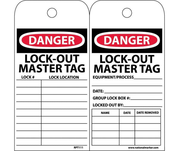 TAGS, DANGER LOCKOUT MASTER TAG, 6X3, UNRIP VINYL, 25/PK