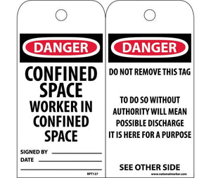 TAGS, CONFINED SPACE WORKER IN CONFINED SPACE, 6X3, .015 MIL UNRIP VINYL, 25 PK