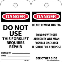TAGS, DO NOT USE THIS FORKLIFT REQUIRES REPAIR, 6X3, .015 MIL UNRIP VINYL, 25PK W/ GROMMET