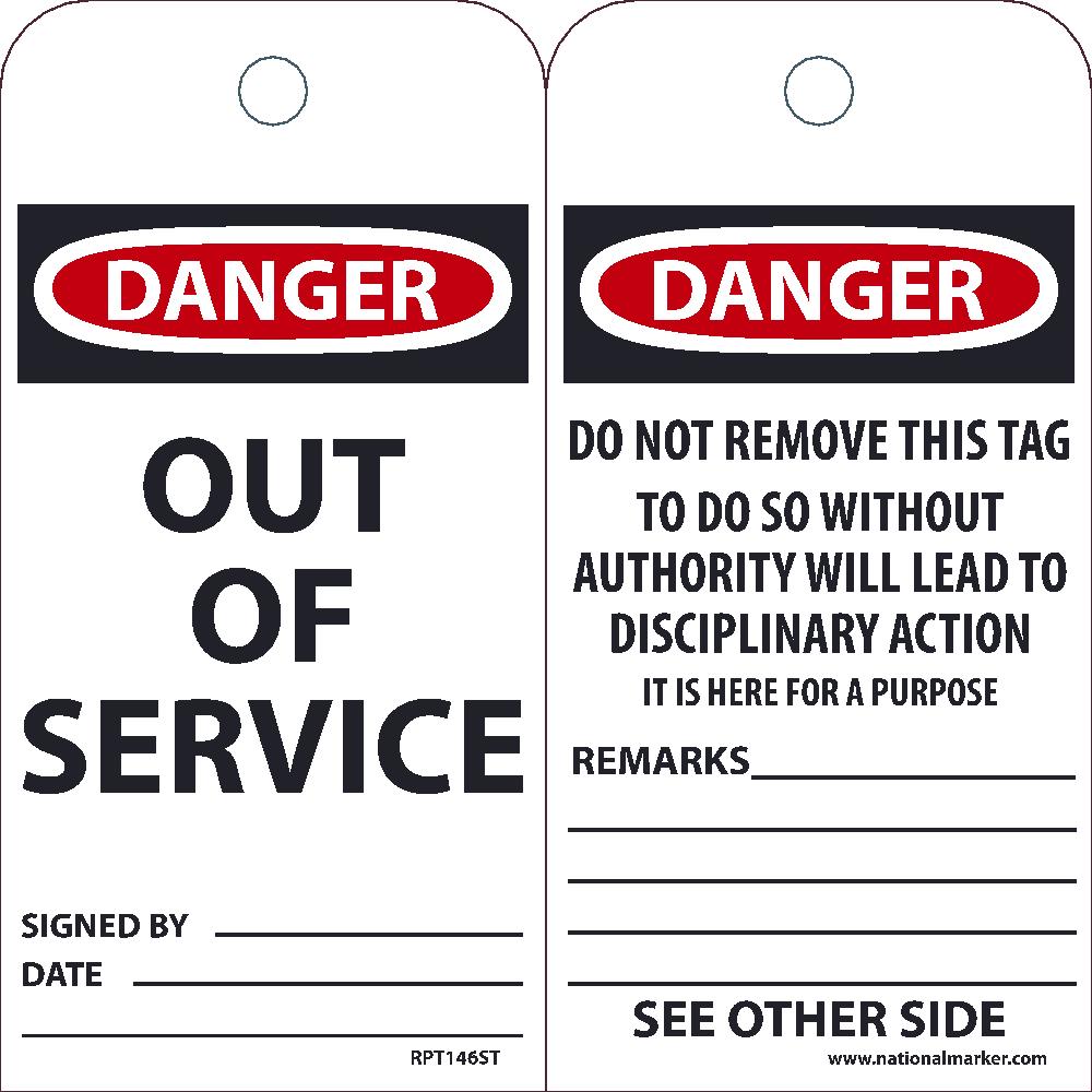 TAGS, OUT OF SERVICE, 6X3, POLYTAG, BOX OF 100, EZ PULL