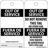 TAGS, OUT OF SERVICE BILINGUAL, 6X3, .015 MIL UNRIP VINYL, 25 PK