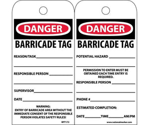 TAGS, DANGER BARRICADE TAG, 6X3, UNRIP VINYL, 25/PK