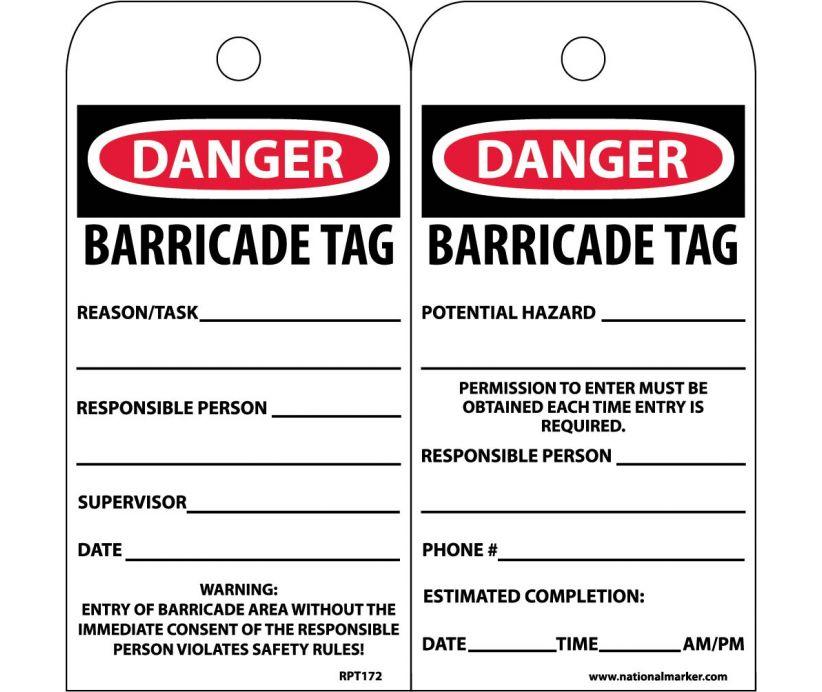 TAGS, DANGER BARRICADE TAG, 6X3, UNRIP VINYL, 25/PK