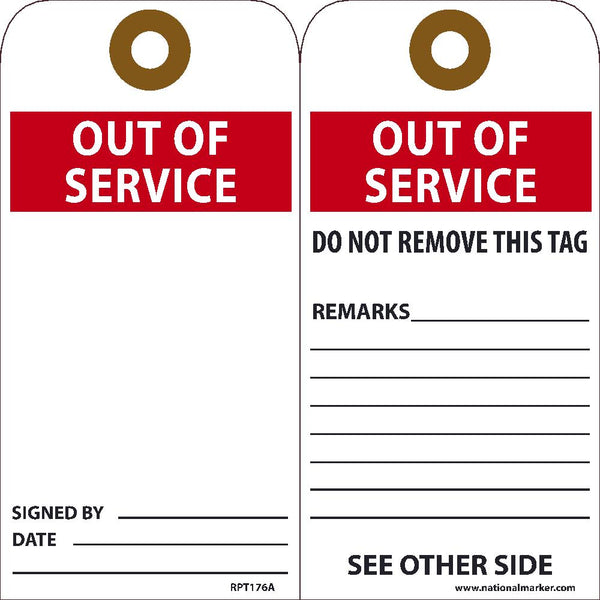 TAGS, OUT OF SERVICE, 25PK, 6X3, .015 UNRIPPABLE VINYL WITH GROMMET, ZIP TIES INCLUDED