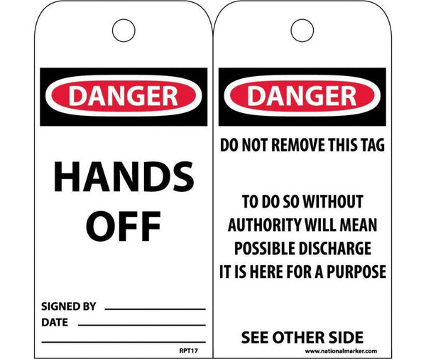 TAGS, DANGER HANDS OFF, 6X3, UNRIP VINYL, 25/PK