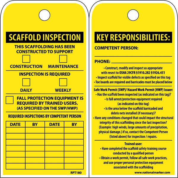 TAGS, SCAFFOLD INSPECTION THIS SCAFFOLDING HAS BEEN CONSTRUCTED TO SUPPORT, 6X3, POLYTAG, BOX OF 100