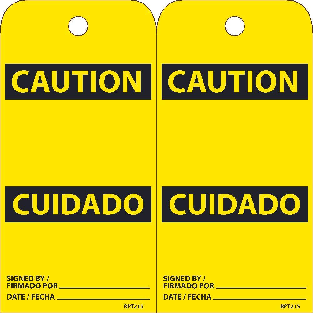 TAGS, CAUTION, BLANK, BILINGUAL, 25PK, 6X3, .015 UNRIPPABLE VINYL WITH GROMMET, ZIP TIES INCLUDED