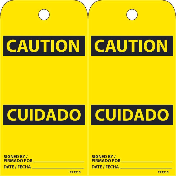 TAGS, CAUTION, BLANK, BILINGUAL, 25PK, 6X3, .015 UNRIPPABLE VINYL WITH 1 TOP CENTER HOLE, ZIP TIES INCLUDED