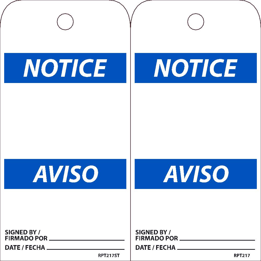 TAGS, NOTICE, BLANK TAG, BILINGUAL, 25PK, 6X3, .010 SYNTHETIC PAPER WITH 1 TOP CENTER HOLE