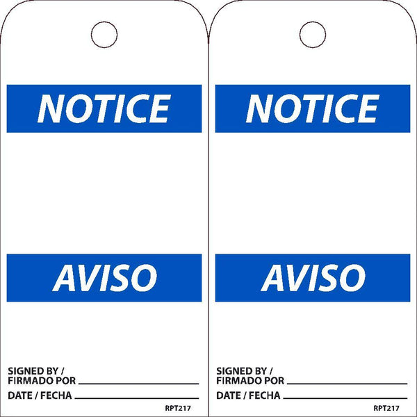 TAGS, NOTICE, BLANK TAG, BILINGUAL,  25PK, 6X3, .015 UNRIPPABLE VINYL WITH 1 TOP CENTER HOLE, ZIP TIES INCLUDED
