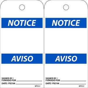 TAGS, NOTICE, BLANK TAG, BILINGUAL, 25PK, 6X3, .015 UNRIPPABLE VINYL WITH GROMMET, ZIP TIES INCLUDED