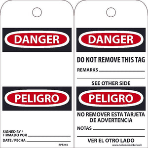 TAGS, DANGER, DO NOT REMOVE, BILINGUAL, 25PK, 6X3, .015 UNRIPPABLE VINYL WITH GROMMET, ZIP TIES INCLUDED