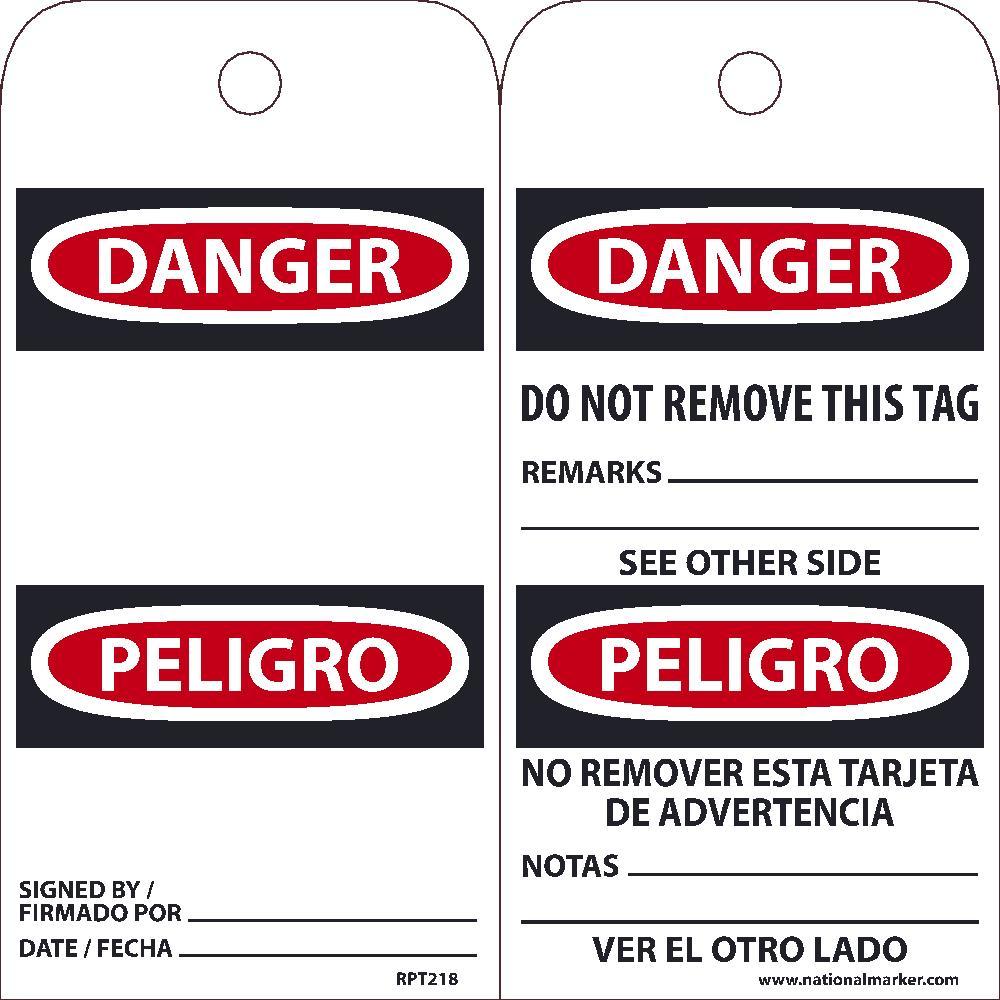 TAGS, DANGER, DO NOT REMOVE, BILINGUAL, 25PK, 6X3, .015 UNRIPPABLE VINYL WITH GROMMET, ZIP TIES INCLUDED