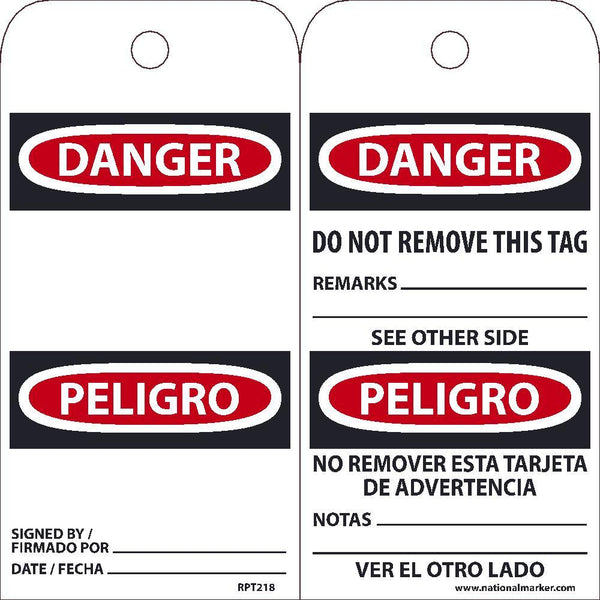 TAGS, DANGER, DO NOT REMOVE, BILINGUAL, 25PK, 6X3, .015 UNRIPPABLE VINYL WITH 1 TOP CENTER HOLE, ZIP TIES INCLUDED
