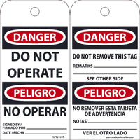 TAGS, DANGER, DO NOT OPERATE, BILINGUAL, 25PK, 6X3, .010 SYNTHETIC PAPER WITH 1 TOP CENTER HOLE