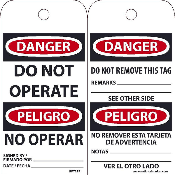 TAGS, DANGER, DO NOT OPERATE, BILINGUAL, 25PK, 6X3, .015 UNRIPPABLE VINYL WITH GROMMET, ZIP TIES INCLUDED