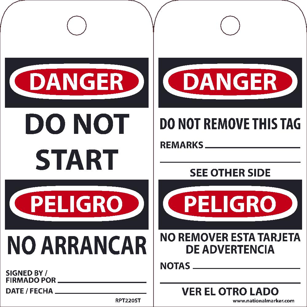 TAGS, DANGER, DO NOT START, BILINGUAL, 25PK, 6X3, .010 SYNTHETIC PAPER WITH 1 TOP CENTER HOLE