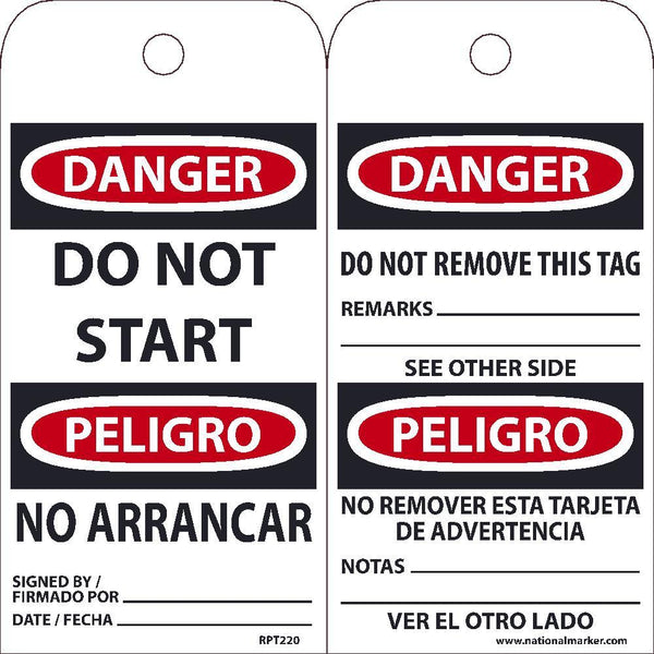 TAGS, DANGER, DO NOT START, BILINGUAL, 25PK, 6X3, .015 UNRIPPABLE VINYL WITH 1 TOP CENTER HOLE, ZIP TIES INCLUDED