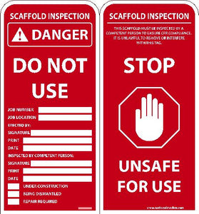 TAGS, Danger Do Not Use Scaffold Tag, 7x3.25, .015 MIL UNRIP VINYL, 25 PK
