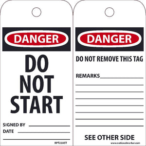 TAGS, DANGER DO NOT START TAG, 25PK, 6X3, .010 SYNTHETIC PAPER WITH 1 TOP CENTER HOLE, ZIP TIES INCLUDED