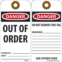 TAGS, DANGER OUT OF ORDER TAG, 25PK, 6X3, .015 UNRIPPABLE VINYL WITH GROMMET, ZIP TIES INCLUDED
